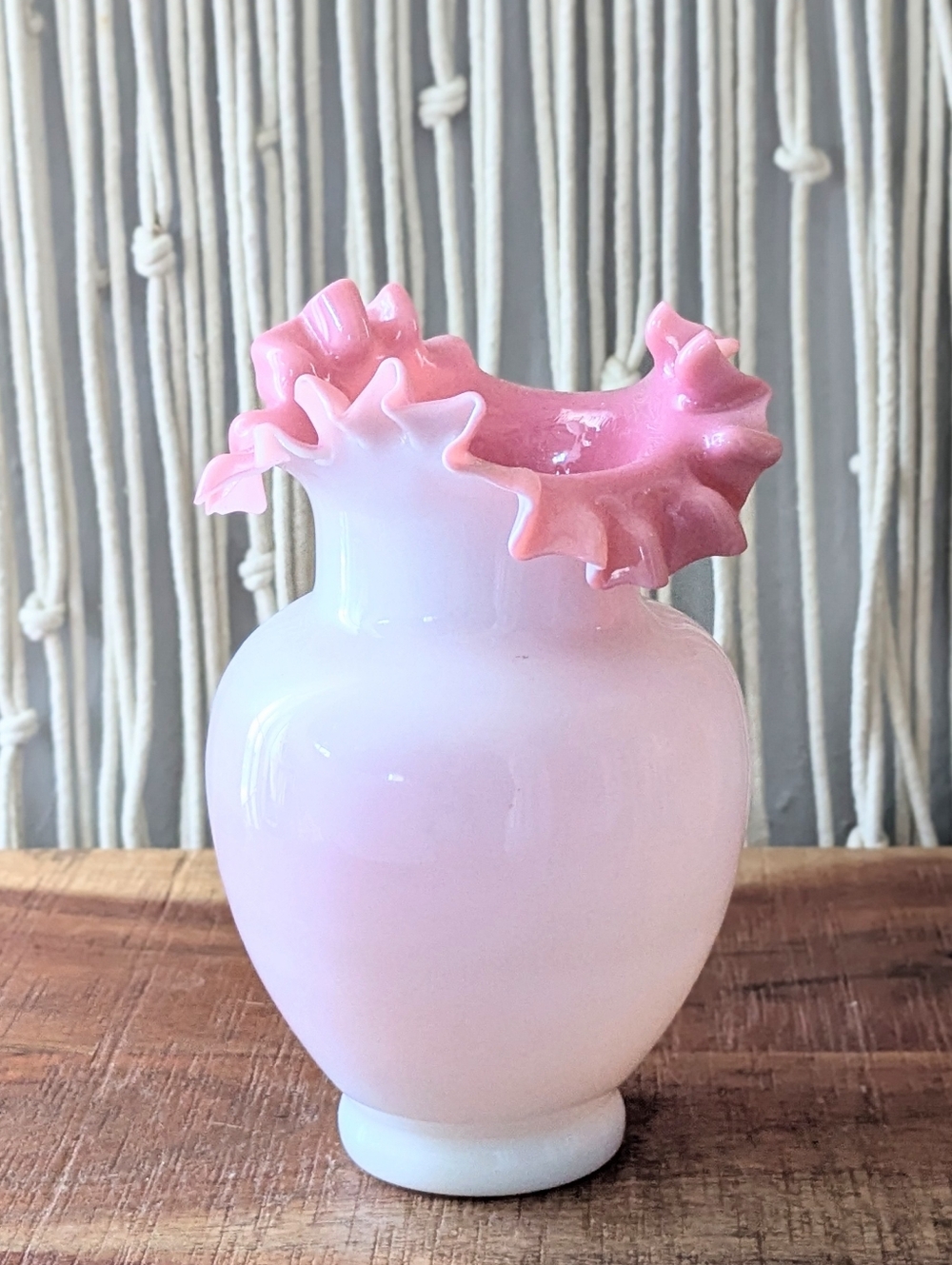 Antique 7" Hand Blown Bristol Glass Vase - Pink Ruffled Rim, Milk Glass